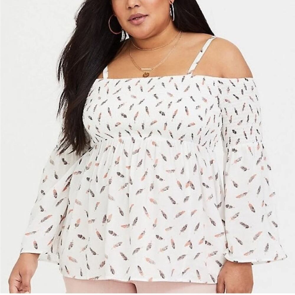 Torrid Boho Feather Print Challis Cold Shoulder Flowy Top - Size 1